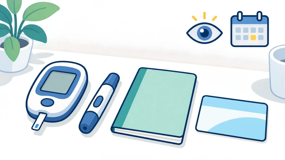 血糖測定器と目のイラスト。糖尿病の方は眼科での定期検査が大切