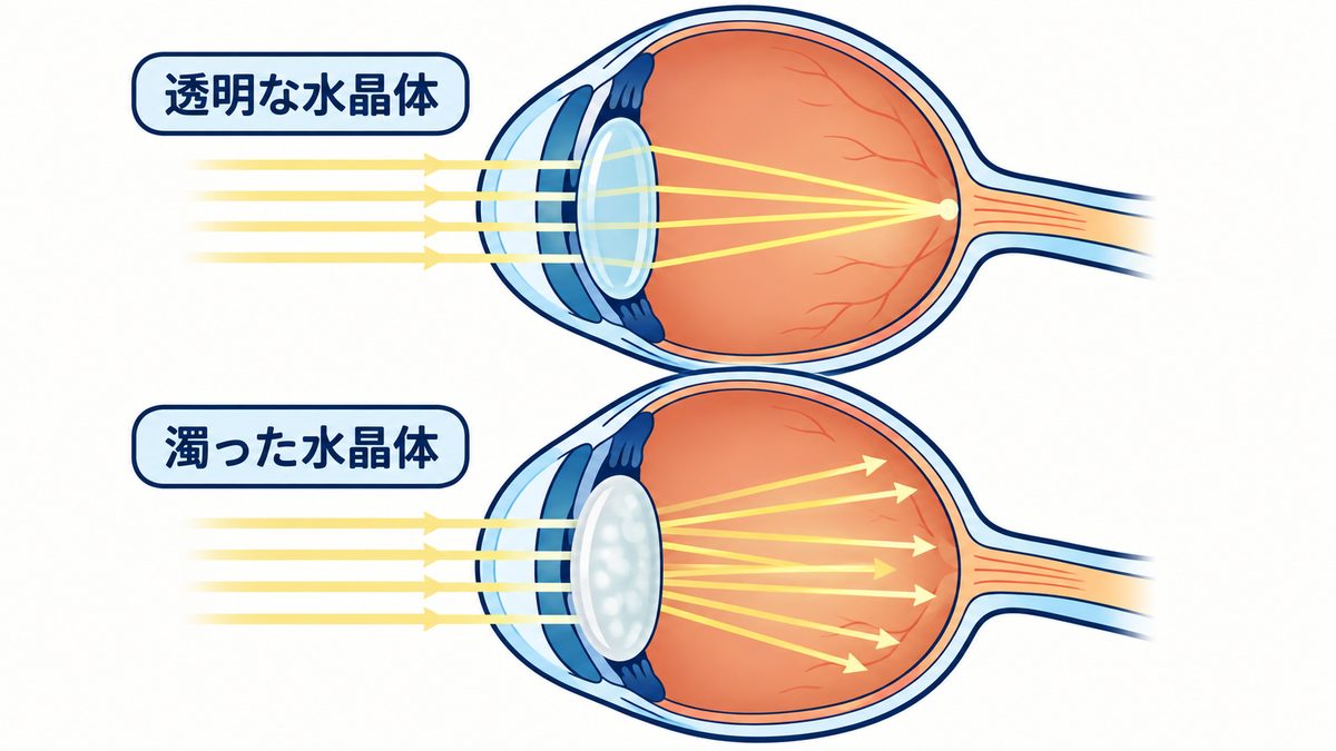 透明な水晶体では光が一点に集まり、濁った水晶体では光が散らばる様子を上下に並べて比べた図