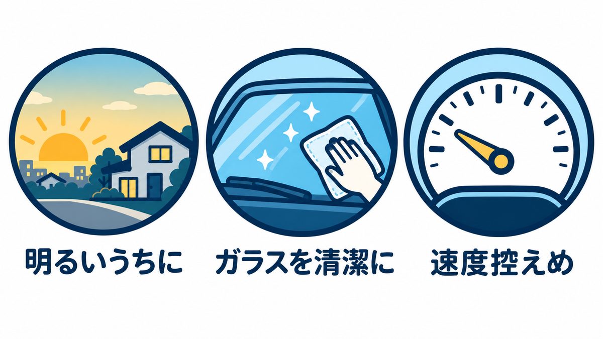 夜の運転で気をつけたいことを、明るいうちに帰る、ガラスをきれいに保つ、速度を控えめにする、の3つのアイコンで示した図