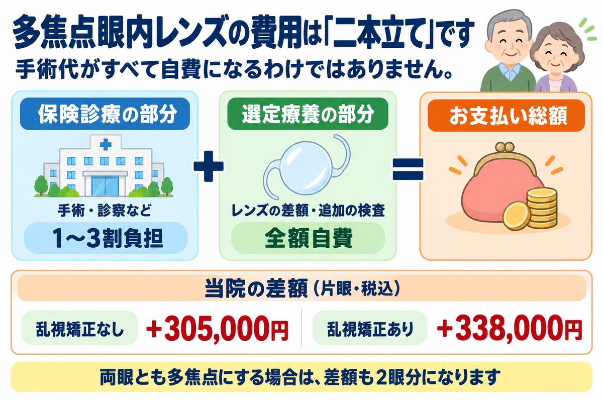 多焦点眼内レンズの費用は、保険診療の部分(1〜3割負担)と選定療養の部分(全額自費)の二本立てで、当院の差額は片眼・税込で乱視矯正なし+305,000円、乱視矯正あり+338,000円であることを示した図解
