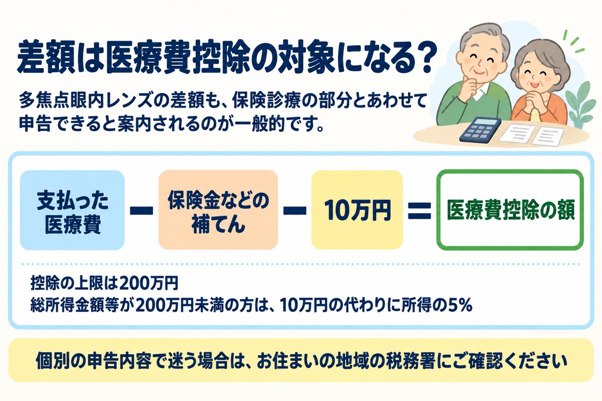 医療費控除の額は「支払った医療費 − 保険金などの補てん − 10万円」で計算し、多焦点眼内レンズの差額も申告できると案内されるのが一般的であることを示した図解