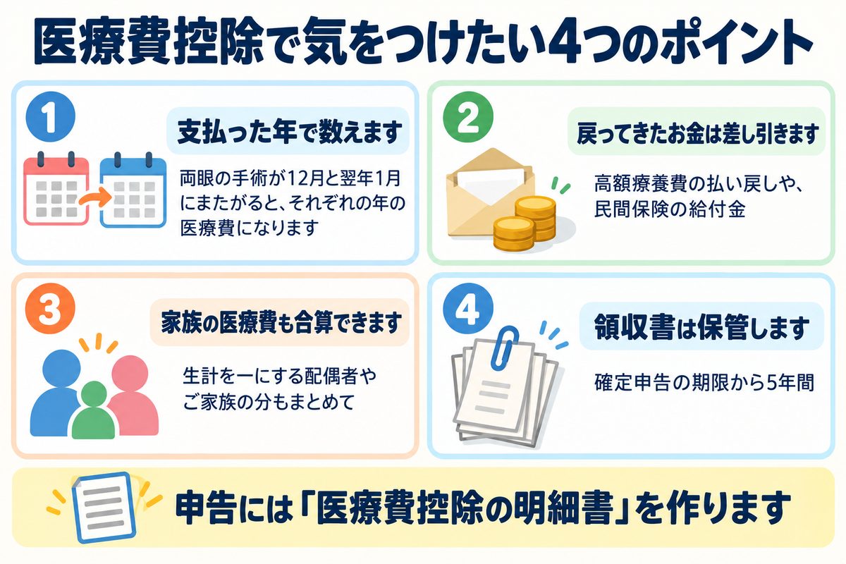 医療費控除で気をつけたい4つのポイント(支払った年で数える・戻ってきたお金は差し引く・家族の医療費も合算できる・領収書は5年間保管)をまとめた図解